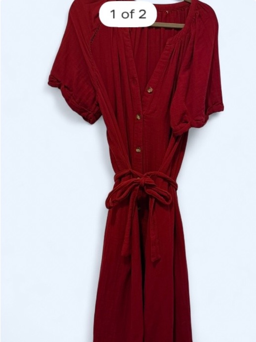 Red Tie-Waist Button Front Midi Dress